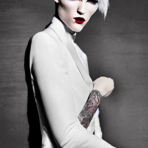 Image similar to stunning portrait of androgynous ruby rose as desire from sandman in a white tuxedo!!!, rockabilly style,, by alphonse mucha, by jeremy mann, by peter lindbergh, dave mckean, by mikko lagerstedt, by frank moth, white suit and black tie, soft lightning, high detailed, 8 k