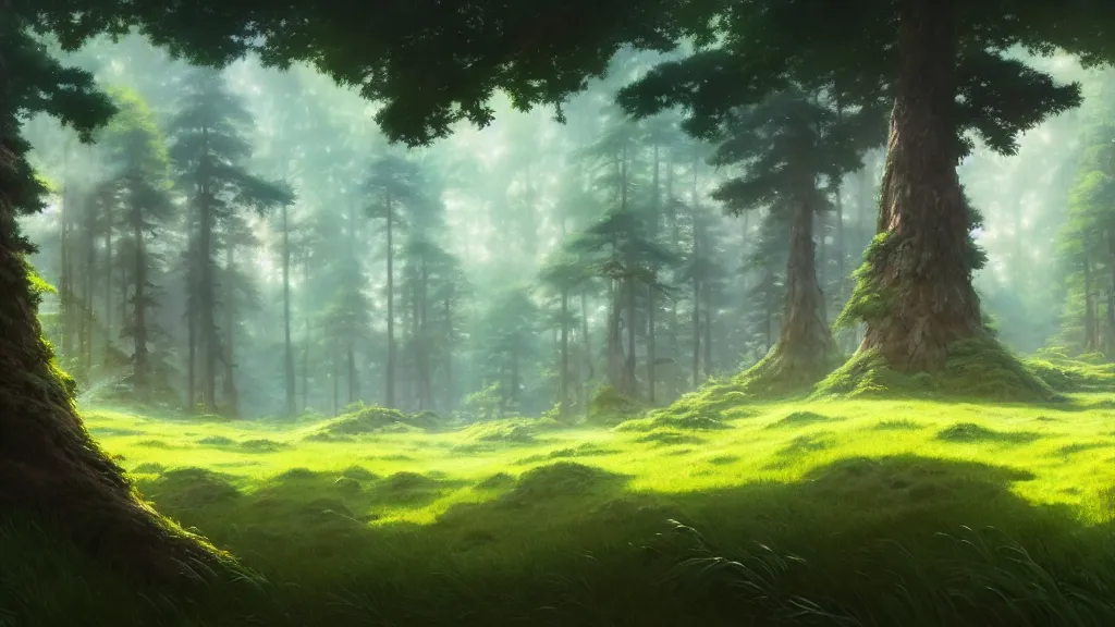 Image similar to forest clearing landscape, studio ghibli, pixar and disney animation, sharp, rendered in unreal engine 5, highly detailed, digital painting, artstation, concept art, smooth, sharp focus, illustration, wide angle, artbook, wallpaper, splash art, promo art, dramatic lighting, art by artgerm and greg rutkowski and bo chen and jin xiaodi