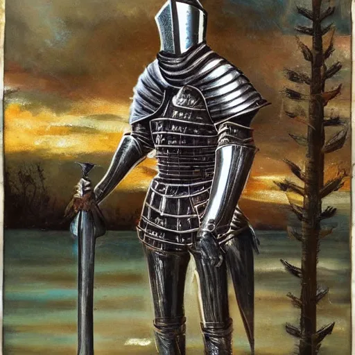 Image similar to knight in dazzling, shining armor, with many reflections on it from all directions