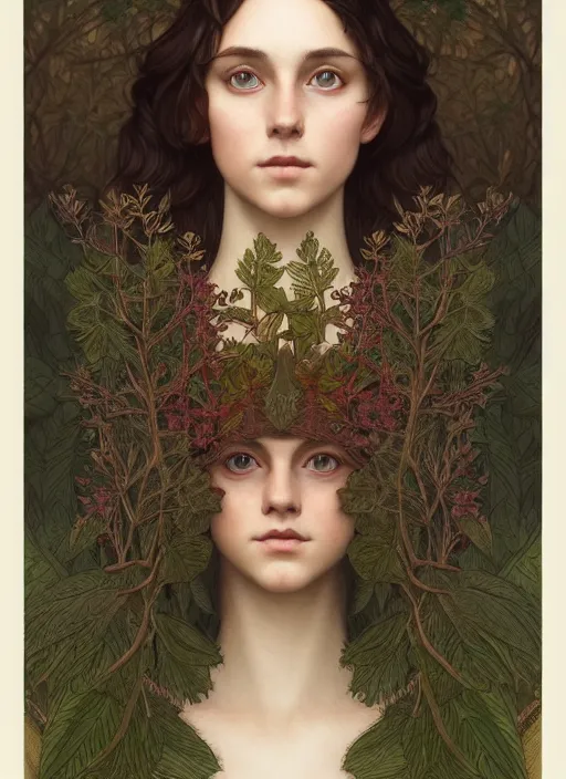 Image similar to symmetry portrait of welsh brunette student in mans tunic, embroidery, tomboy, short hair, intricate forest background, intricate, elegant, highly detailed, digital painting, artstation, concept art, smooth, sharp focus, illustration, art by artgerm and greg rutkowski and fra angelico and alphons mucha