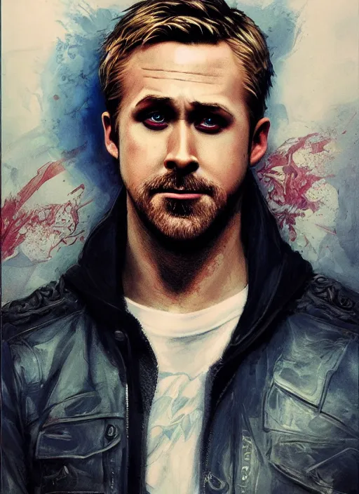 Image similar to portrait of ryan gosling, marvel comics, dark, intricate, highly detailed, smooth, artstation, digital illustration by ruan jia and mandy jurgens and artgerm and wayne barlowe and greg rutkowski and frank frazetta