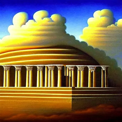 Image similar to hidden imagery incredible digital art optical illusion, superb detailed clouds shaped like the second temple in jerusalem, awe inspiring, masterpiece surrealism