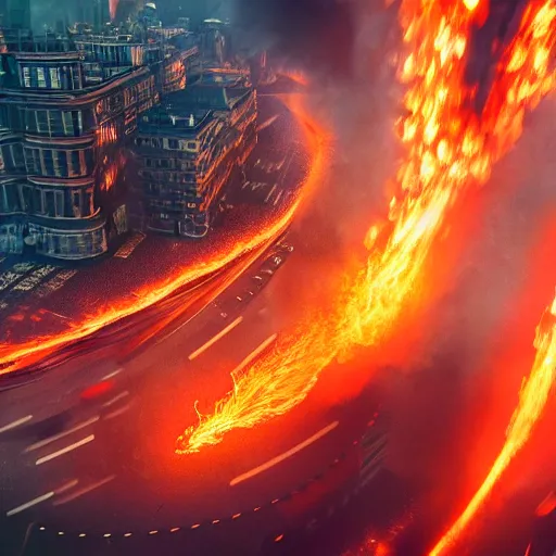 Image similar to flaming tornado ravaging through london, dslr, 8 k, octane beautifully detailed render, hot lighting, warm mood, cinematic lighting, detailed photo, masterpiece, volumetric lighting, ultra realistic, highly detailed, high quality, lossless, photorealistic