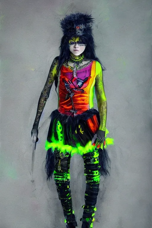 Image similar to a character wearing a diy costume, with fluo colored details, muted colors, full body, gothic, satoshi con, hyper real painting