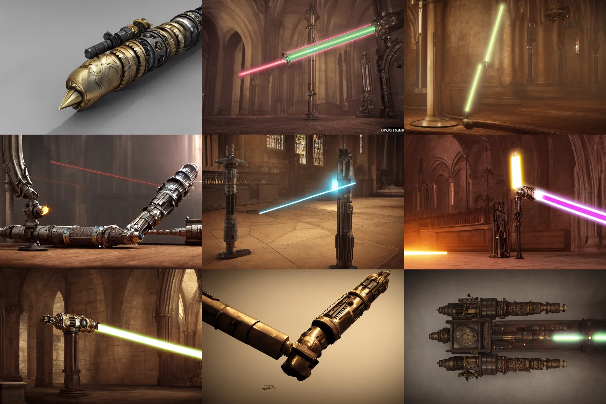 Prompt: a steampunk lightsaber on a altar, focus, ruined cathedral indoor, octane render, photorealistic, unreal engine, 8k