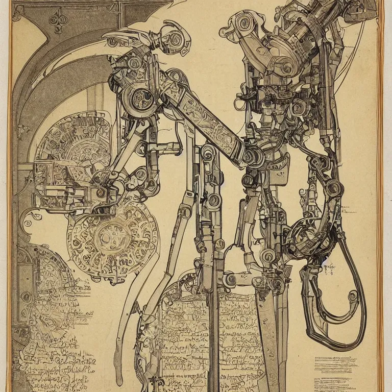 Image similar to detailed, intricate technical drawings on parchment from 1 8 4 0, with labels and notes, for a beautiful, symmetric, art deco robotic arm holding a paintbrush, a pencil, and scissors, by ron cobb and alphonse mucha