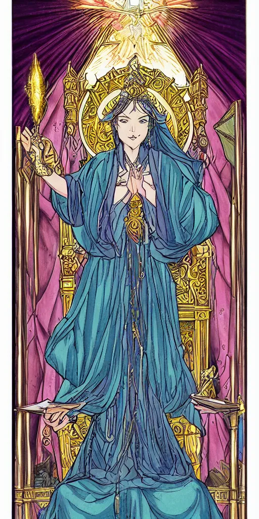 Prompt: a mystical woman priestess sitting on a throne, the divine feminine, drawn by studio UFOTABLE, fine line work, pastel colors, Tarot cards. The empress tarot card