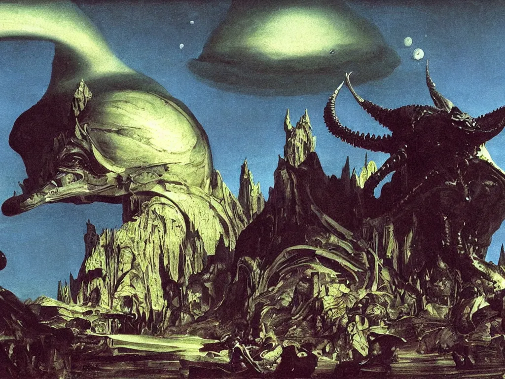 Image similar to Close up view of an alien mollusk on a planet dominated by giant beetles. Thick gothic cathedral smoke. Surreal, melancholic. Painting by Caravaggio, Arnold Bocklin, Roger Dean