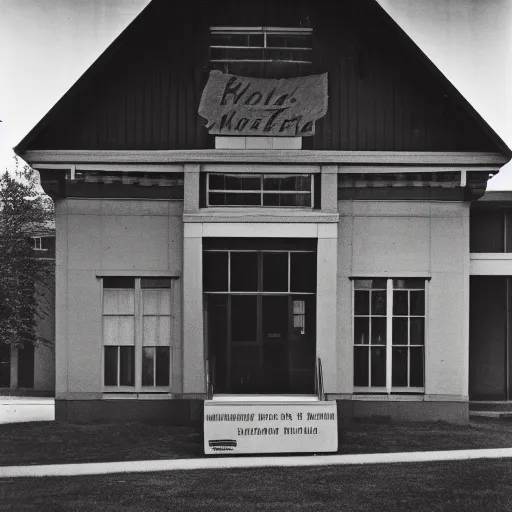 Prompt: a black and white photo of an old building by Dorothea Lange, featured on flickr, northwest school, 1920s, 1970s, 1990s