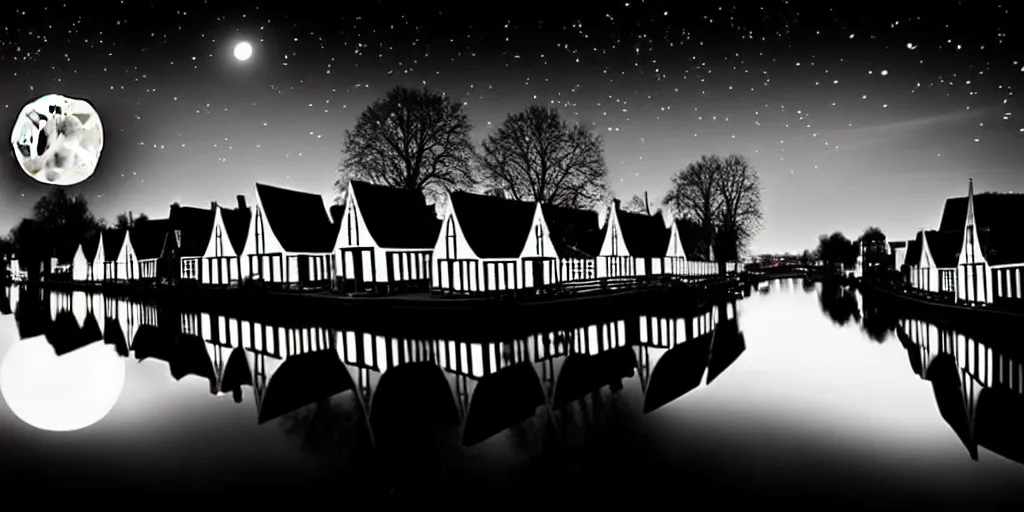 Image similar to Dutch houses along a river, silhouette!!!, Circular white full moon, black sky with stars, lit windows, stars in the sky, b&w!, Reflections on the river, a man is punting, flat!!, Front profile!!!!, high contrast, HDR, concept art, street lanterns, 1904, Style of Frank Weston, illustration