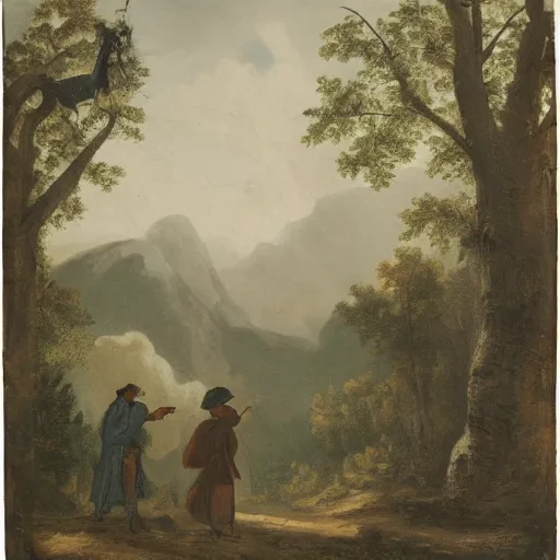 Prompt: a man in a grey cloak and brimmed hat with a staff travelling trough the forest and mountains looking at the clouds in the style of neo-romanticism