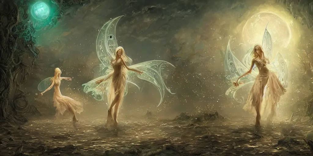 Image similar to concept art of translucent glowing fairies dancing, lovecraftian, renaissance, melting, round moon, rich clouds, fighting the horrors of the unknown, very detailed, volumetric light, mist, fine art, decaying, textured oil over canvas, epic fantasy art, very colorful, ornate intricate scales