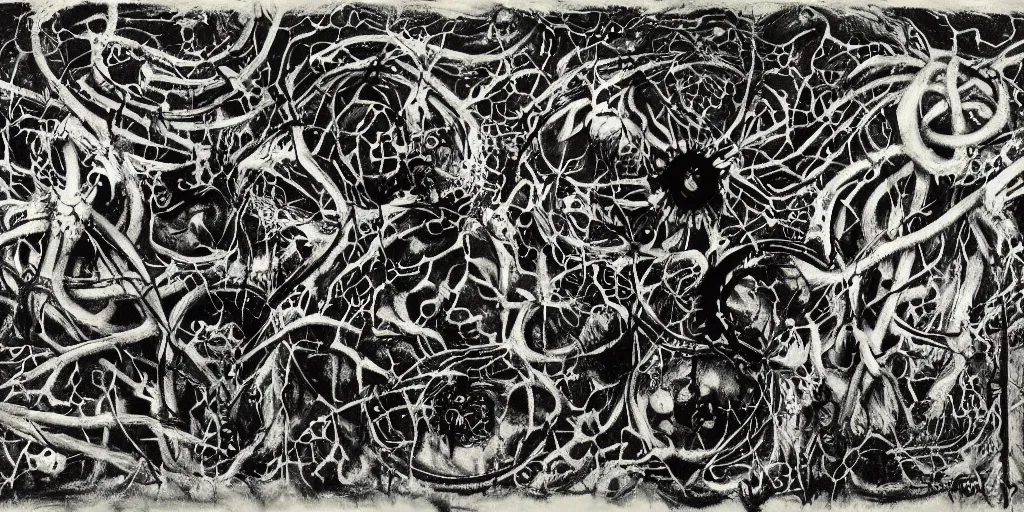 Prompt: biomechanical talisman of black metal, trve kvlt, evil, bleak forest by maggi mcdonald, jackson pollock, mark rothko, sabina klein