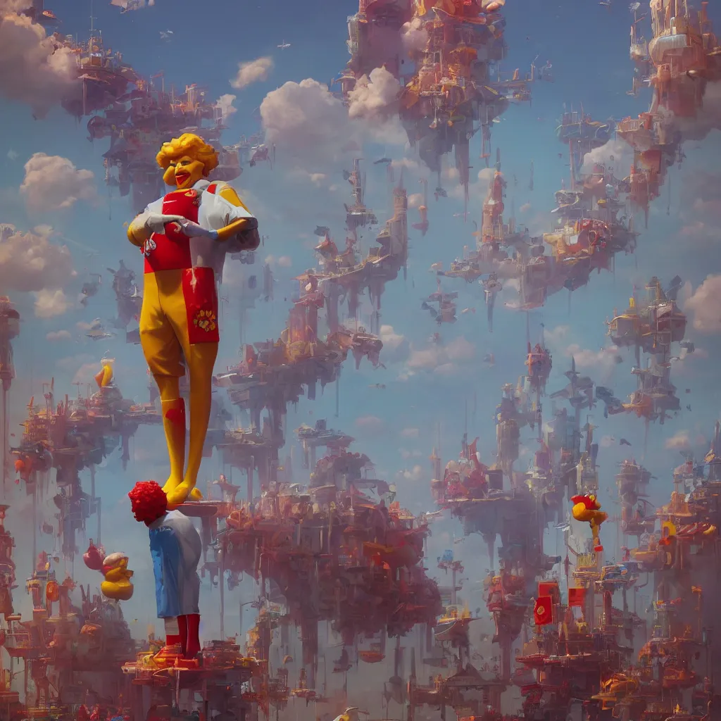 Image similar to ronald mcdonald statue in the world by beeple, darek zabrocki, tyler edlin, jordan grimmer, neil blevins, james paick, natasha tan, highly detailed, ultra detailed, ultra realistic, trending on artstation