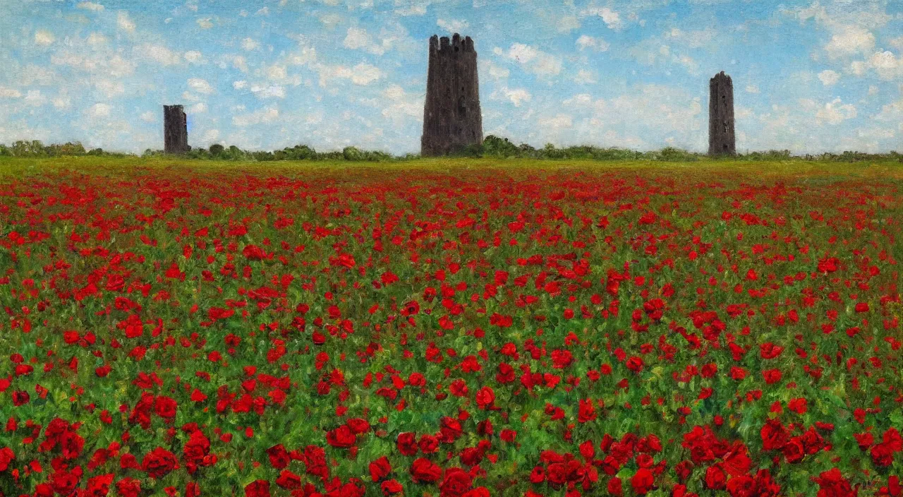 Prompt: An impressionist painting of a tall, dark, stone tower standing in the middle of a field filled with red roses