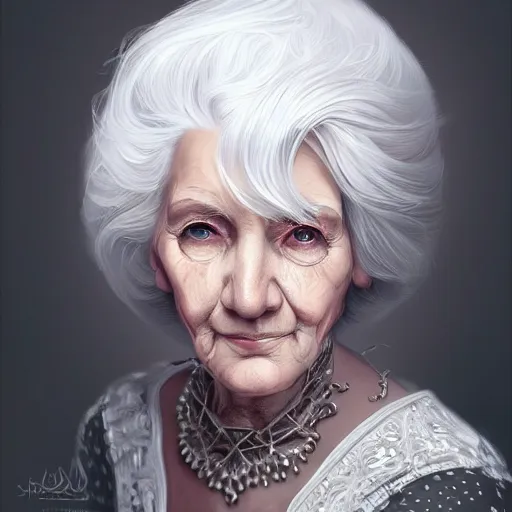 Image similar to elderly woman, white hair, gorgeous, amazing, elegant, intricate, highly detailed, digital painting, artstation, concept art, sharp focus, illustration, art by Ross tran