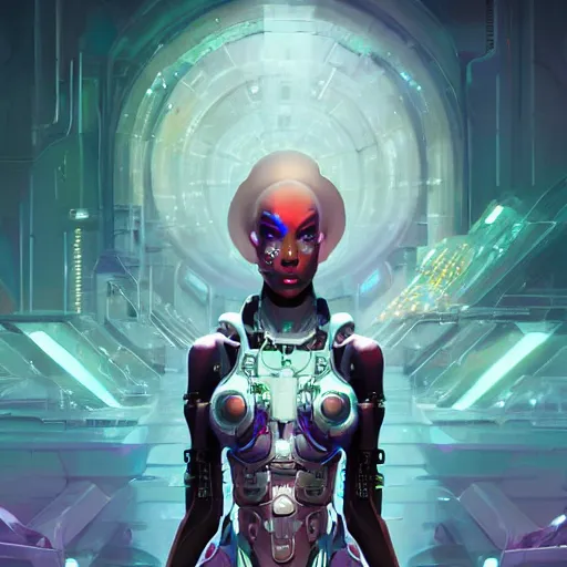 Image similar to a portrait of Adhel Bol as a beautiful cybernetic techno queen, black woman, cyberpunk concept art by pete mohrbacher and wlop and artgerm josan gonzalez and syd mead, digital art, highly detailed, intricate, sci-fi, sharp focus, Trending on Artstation HQ, deviantart, unreal engine 5, 4K UHD image