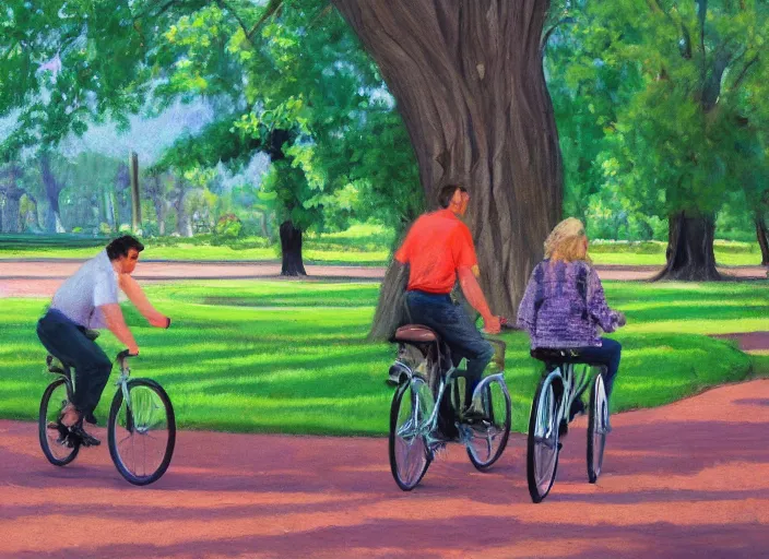 Image similar to a couple on bicycles in the park painting