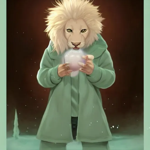 Image similar to aesthetic portrait commission of a albino male furry anthro lion cub popping floating bubbles while wearing a cute mint colored cozy soft pastel winter outfit, winter Atmosphere. Character design by charlie bowater, ross tran, artgerm, and makoto shinkai, detailed, inked, western comic book art, 2021 award winning painting