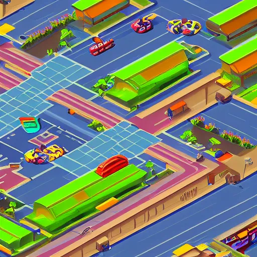 Image similar to front on isometric bismuth city streets, front on isometric video game