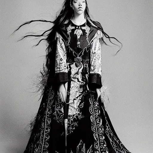 Image similar to black and white pen and ink!!!!!!! Suprani!!!!! wizard beautiful long hair Anya Taylor-Joy wearing High Royal flower print robes flaming!!!! final form flowing ritual royal!!! Contemplative stance Vagabond!!!!!!!! floating magic swordsman!!!! glides through a beautiful!!!!!!! Camellia!!!! Tsubaki!!! death-flower!!!! battlefield behind!!!! dramatic esoteric!!!!!! Long hair flowing dancing illustrated in high detail!!!!!!!! by Hiroya Oku!!!!!!!!! graphic novel published on 2049 award winning!!!! full body portrait!!!!! action exposition manga panel black and white Shonen Jump issue by David Lynch eraserhead and beautiful line art Hirohiko Araki!! Frank Miller, Kentaro Miura!, Jojo's Bizzare Adventure!!!! 3 sequential art golden ratio technical perspective panels horizontal per page