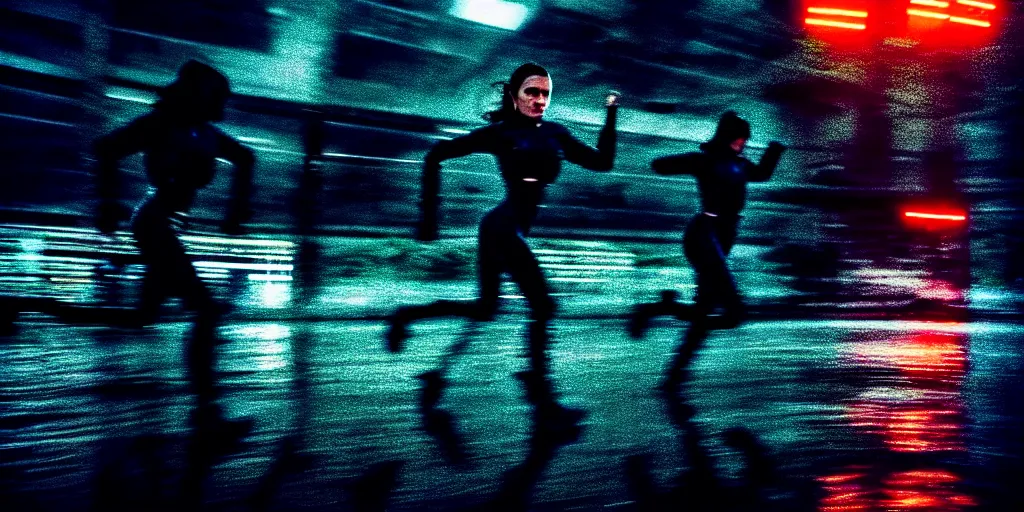 Image similar to cinestill 5 0 d candid photographic portrait by stanley kubrick of female androids sprinting wearing rugged black mesh techwear in treacherous waters, flooded city, medium closeup, retrofuturism cyberpunk moody emotional cinematic, pouring iridescent rain bright spotlight helicopter, 8 k, hd, high resolution, 3 5 mm, f / 3 2 motion blur, ultra realistic faces, ex machina