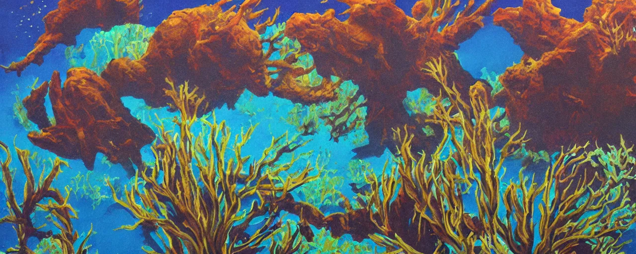 Image similar to a desert underwater super detailed acrylic painting, movie poster 7 0's