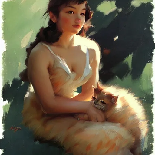 Prompt: greg manchess painting of of a cute cat, painting, trending on artstation, by huang guangjian and gil elvgren and sachin teng