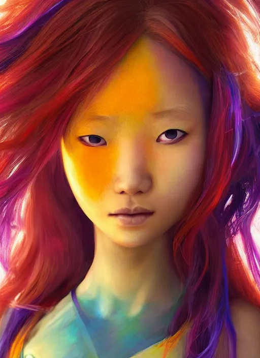 Image similar to teenage rainbow hair asian girl wearing an orange superhero costume, anime digital art, au naturel, hyper detailed, digital art, trending in artstation, cinematic lighting, studio quality, smooth render, unreal engine 5 rendered, octane rendered, art style by klimt and nixeu and ian sprigger and wlop and krenz cushart