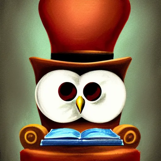 Image similar to a well-dressed owl wearing a monocle and a top hat, sitting in an armchair and reading a book, digital painting, concept art