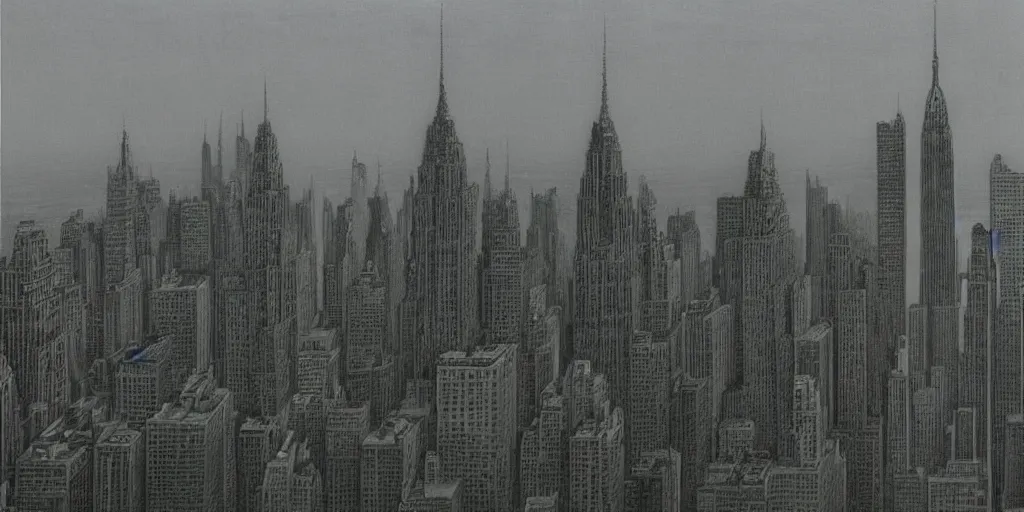 Prompt: New York CIty Skyline by Zdzisław Beksiński