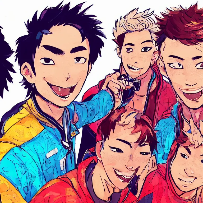 Prompt: a detailed colorful illustration of three guys ( daichi, sugawara, asahi ) posing for a selfie by timothy kong, trending on artstation