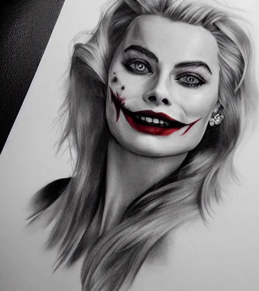 Image similar to tattoo design sketch of beautiful margot robbie portrait with joker makeup, in the style of den yakovlev, realistic face, black and white, faded sides, realism tattoo, hyper realistic, highly detailed