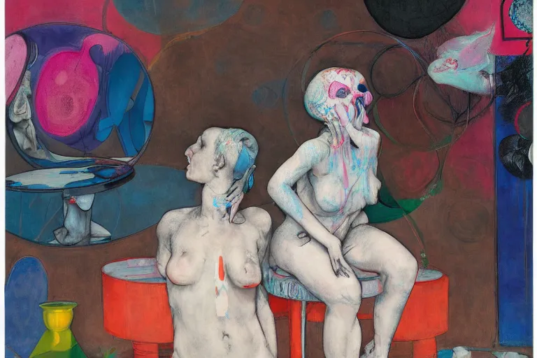 Prompt: jester sitting on a stool looking into a mirror by james jean and beeple and marlene dumas and hernan bas and hilma af klint, abstract background, psychological, dripping paint, high quality render, masterpiece