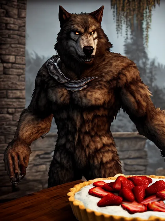 Prompt: cute handsome cuddly burly surly relaxed calm timid werewolf from van helsing sitting down at the breakfast table in the kitchen of a normal country home cooking having fun baking strawberry tart cakes unreal engine hyperreallistic render 8k character concept art masterpiece screenshot from the video game the Elder Scrolls V: Skyrim