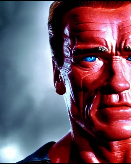 Prompt: arnold schwarzenegger as a damaged t - 1 0 0 terminator, one red robotic eye, photo