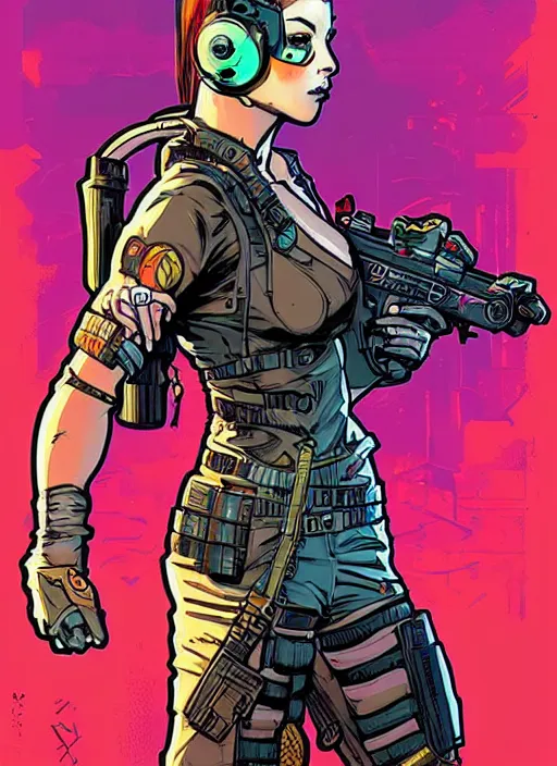 Prompt: maria. beautiful cyberpunk mercenary. portrait illustration, pop art, splash painting, art by ashley wood, alphonse mucha, laurie greasley and josan gonzales ( apex legends )