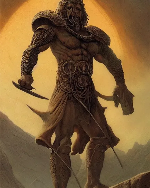 Image similar to full body shot of an ancient warrior standing in a stunic scenic enviornment, d & d, fantasy, greg rutkowski, frank frazetta, alexandre chaudret, boris vallejo, michael whelan, miro petrov, hr giger, magali villeneuve, donato giancola