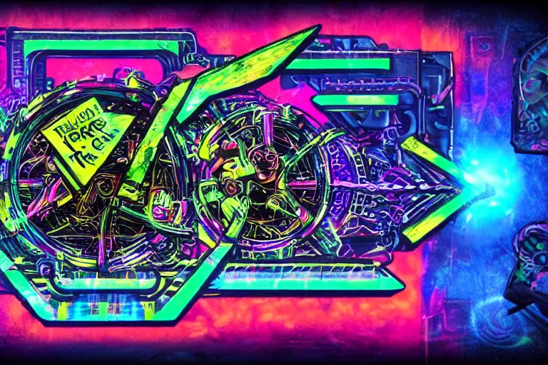 Image similar to bumper sticker of a rockband, name is tripmachine, on the sticker is a 3 d render of a huge futuristic steampunk generator, 8 k, fluorescent colors, halluzinogenic, multicolored, exaggerated detailed, silk screen art