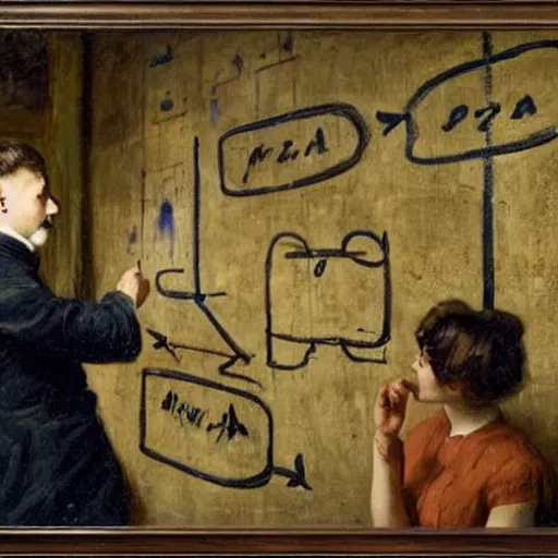 Image similar to a young man and a young woman solving an escape room puzzle, mysterious markings on the wall, by alfred stevens