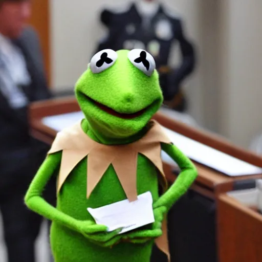 Prompt: Kermit the Frog on trial for his many war crimes