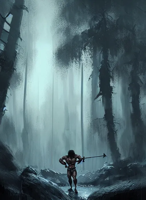 Image similar to schwarzenegger as conan the barbarian, grey forest background, by ismail inceoglu