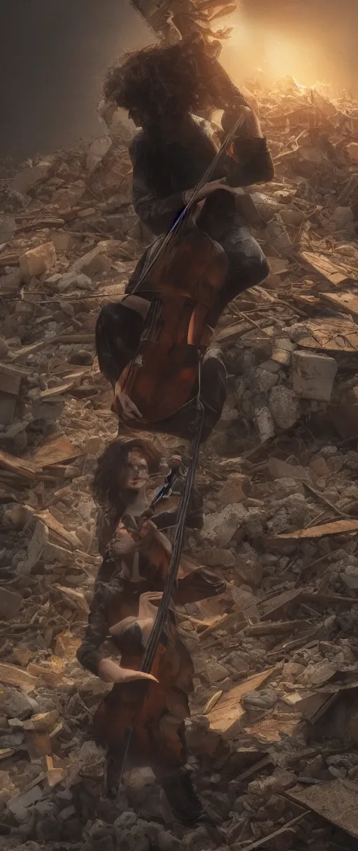 Prompt: a highly detailed portrait of a singular cellist playing in the rubble of a fallen building, beautifully lit, volumetric lighting, concept art, sharp focus, in the style of steve argyle, artstation HD, octane render