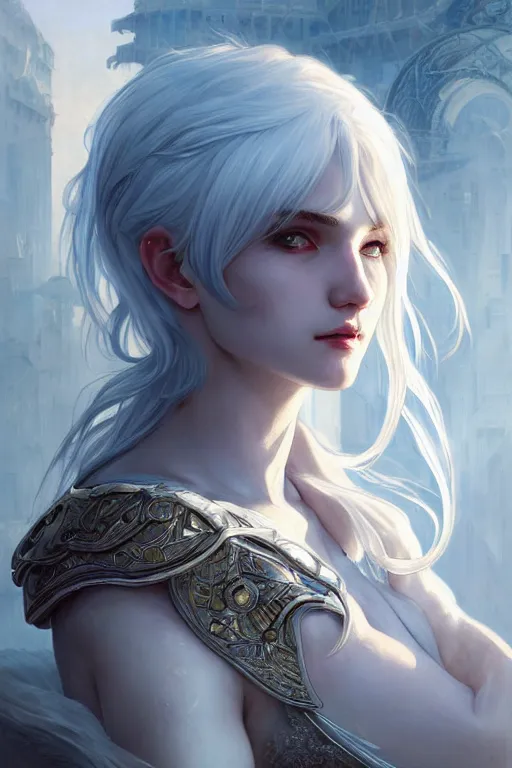 Image similar to portrait white hair knights of Zodiac girl, Sliver ice color reflected armor, in ruined Agora of Athens Sunrise, ssci-fi and fantasy, intricate and very very beautiful and elegant, highly detailed, digital painting, artstation, concept art, smooth and sharp focus, illustration, art by tian zi and WLOP and alphonse mucha