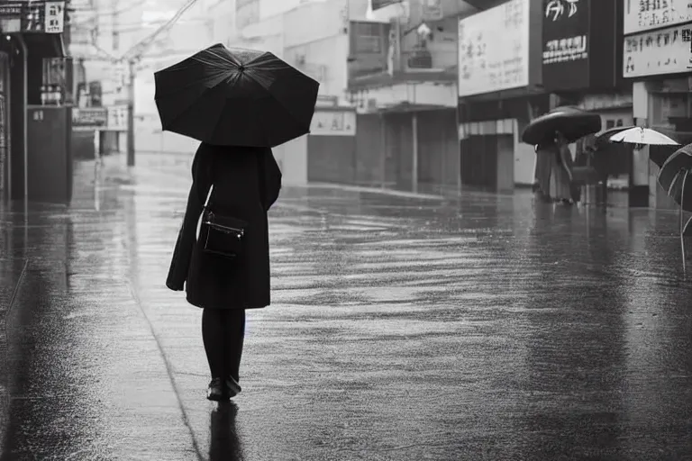 Prompt: still photo of a japanese woman holding an umbrella on the street, heavy rain, black and white color aesthetic, highly detailed, photorealistic portrait, bright studio setting, studio lighting, crisp quality and light reflections, unreal engine 5 quality render