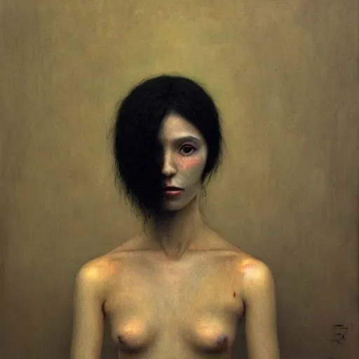 Prompt: portrait of young female with pale white skin and short black hairs, full body, painting by Beksinski