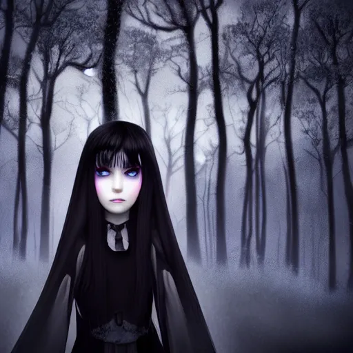 Image similar to focus face portrait of beautiful darkness witch 3D anime girl, dark forest background, snowing, bokeh, inspired by Tim Burton, digital painting, high contrast, unreal engine render, volumetric light, high détail