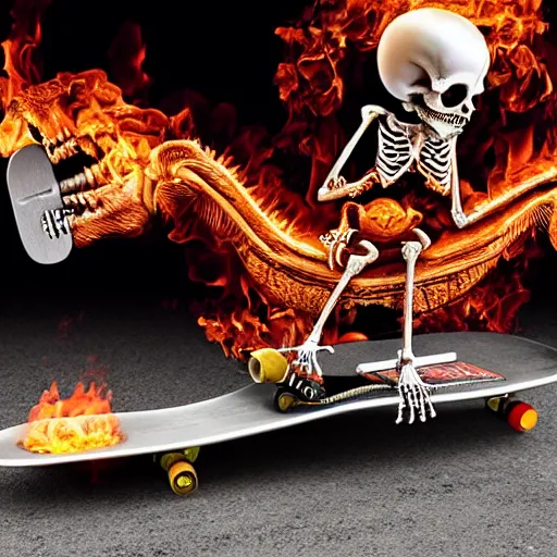 Prompt: super cool radical flaming skeleton sitting on a toilet mounted to a skateboard, hyper realistic, photograph.