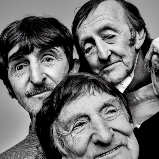 Prompt: old the beatles at age of 9 0 years old, color ( sony a 7 r iv, symmetric balance, polarizing filter, photolab, lightroom, 4 k, dolby vision, photography award ), vogue, perfect face, movie poster
