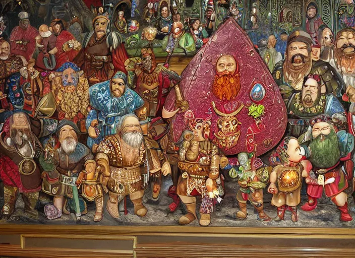 Prompt: jewel encrusted dwarven mural depicting a family history of mountain dwarves. a large ruby is the focal point of the mural